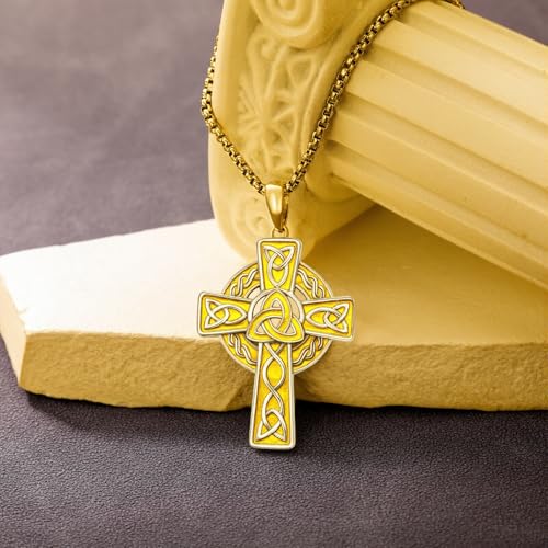 Celtic Cross Necklace For Men ，18K Gold Plated Celtic Cross Celtic Amulet Necklace Protection Jewelry Religious Gifts with 2.5mm 22"+2" Adjustable Rolo Chain - style: style1
