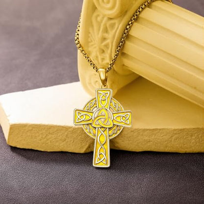 Celtic Cross Necklace For Men ，18K Gold Plated Celtic Cross Celtic Amulet Necklace Protection Jewelry Religious Gifts with 2.5mm 22"+2" Adjustable Rolo Chain - style: style1