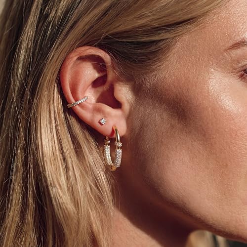 DREMMY STUDIOS Gold Dainty Huggie Hoop Earrings 18K Gold Plated Exquisite Open Tassel Dangle Charm Drop Sleeper Geometric Cross Coin Star Heart White CZ Simple Hypoallergenic Earrings for Women - color: U shaped-Hoop