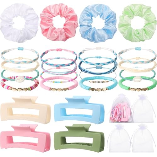 28 Pcs Teen Girl Party Favor Gifts Set Pink Hair Claw Clips Satin Scrunchies Friendship Bracelet and Organza Bag for Women Hair Accessories Birthday Spa Bridesmaid Friend Graduation Gift - color: Colorful, style: Classic