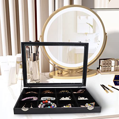 Wudygirl Bracelet Organizer Leather Jewelry Tray with Lid 13.7"x9.4" Black | 12 Grid Jewelry Organizer with Velvet Liner, Ideal for Jewelry Storage, Dresser Drawer or Gift, Dustproof Design - style: 12 Grid Tray