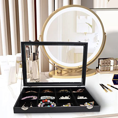 Wudygirl Bracelet Organizer Leather Jewelry Tray with Lid 13.7"x9.4" Black | 12 Grid Jewelry Organizer with Velvet Liner, Ideal for Jewelry Storage, Dresser Drawer or Gift, Dustproof Design - style: 12 Grid Tray
