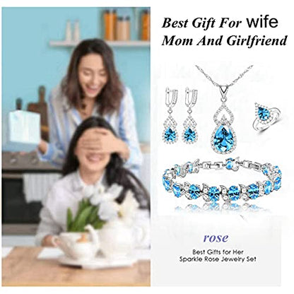 LMXXVJ Women Jewelry Set Platinum Plated Necklace Open Ring Earrings Bracelet Set,Birthday/Anniversary Mother’s Day Jewelry Gifts for Mom/Wife/Sister/Best Friend - color: Sky Blue