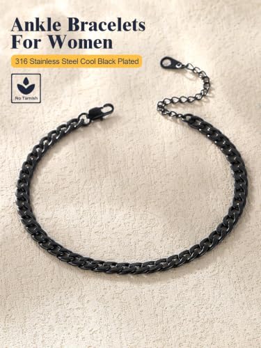 U7 Ankle Bracelets for Women Stainless Steel Waterproof Tarnish Resistant | 18K Gold Plated/Silver/Rose Gold Anklets, Cuban Chain Anklet Bracelets, Perfect for Summer Beach and Vacation Outfits - color: Black-5mm-Cuban Chain