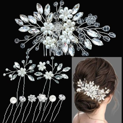 9 pcs Wedding Hair Accessories Bridal Hair Pins Silver Rhinestone with Pearls Hair Pieces for Brides Women Girls (Sliver White) - color: Sliver White