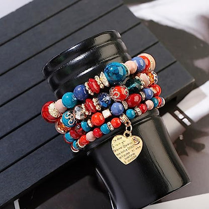 Women Beaded Bracelet Set | Colorful Boho Stackable Trendy Design with Crystal Accents Multilayer Bangle Bracelet | Fashion Stretch Braclets Jewelry for Women - color: Red