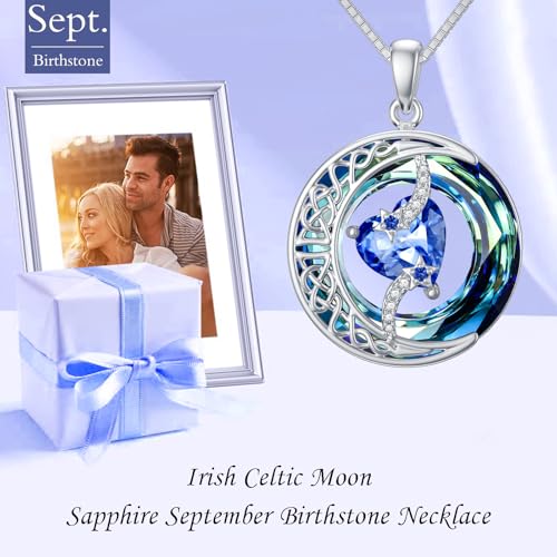 TOUPOP Birthstone Necklace Women Sterling Silver Moon Star Birthday Jewelry | Celtic Moon Pendant with Blue Crystal Anniversary Christmas Jewelry Gifts for Wife Mom Her - color: A-09-Sapphire