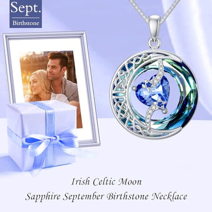 TOUPOP Birthstone Necklace Women Sterling Silver Moon Star Birthday Jewelry | Celtic Moon Pendant with Blue Crystal Anniversary Christmas Jewelry Gifts for Wife Mom Her - color: A-09-Sapphire