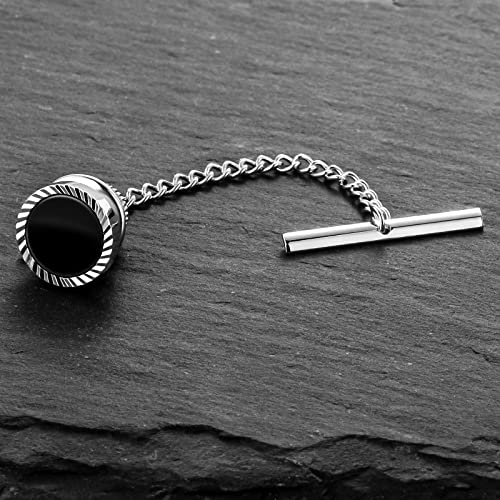 HAWSON Black Stone Tie Tack for Men Tie Pin with Chain for Wedding Birthday Anniversary Party - color: silver tone 1