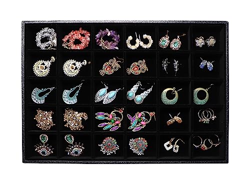 Wudygirl Earring Organizer Leather Jewelry Tray for Drawer 13.7"x9.4" Black | 30 Grid Jewelry Organizer with Velvet Liner, Jewelry Tray for Storage, Ideal for Dresser Drawer, Gift Giving, Stackable - color: Black 30 Grid, size: 1 Pcs