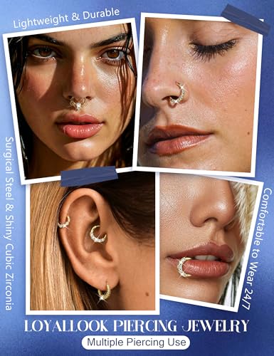 8PCS 16G Septum Clicker Ring Stainless Steel CZ Opal Cartilage Helix Tragus Hoop Daith Earrings Nose Rings Hoop Hinged Segment Clicker Ring Piercing Jewelry - color: gold tone 10mm