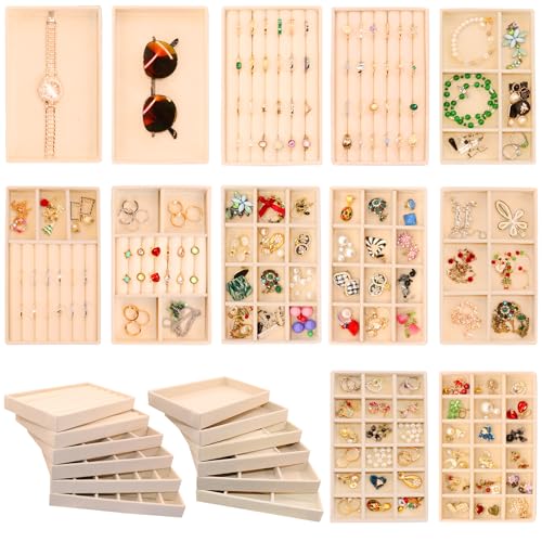 12PCS Stackable Jewelry Drawer Organizer Inserts Jewellry Trays Velvet Earring Jewelryy Dispaly Case for Earring Holder Necklace Bracelet Ring Watch - color: Beige, size: 12 Pack