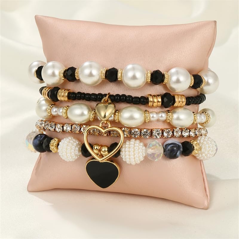 Pingyongchang Bohemian Stackable Beaded Bracelets Set for Women Multicolor Stretch Faux Pearl Heart Crystal Stretchy Bangles Multilayered Handmade Friendship Holiday Beach Jewelry Mother's Day Gifts - color: Black
