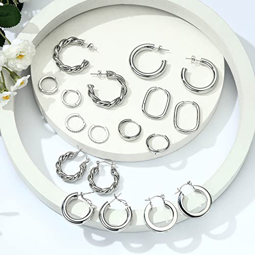 9 Pairs Gold Hoop Earrings for Women, 14K Real Gold Plated Chunky Hoop Earrings Set for Women Hypoallergenic Thick Lightweight Earring for Womens Jewelry Gifts - color: White Gold-Plated