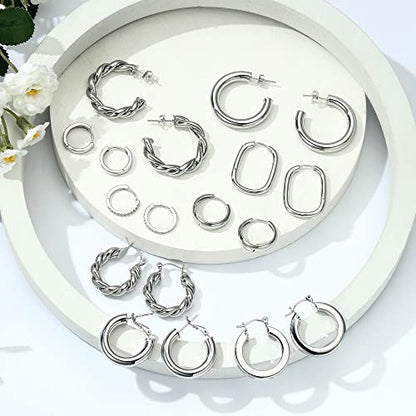 9 Pairs Gold Hoop Earrings for Women, 14K Real Gold Plated Chunky Hoop Earrings Set for Women Hypoallergenic Thick Lightweight Earring for Womens Jewelry Gifts - color: White Gold-Plated