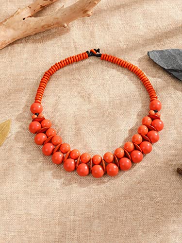 COLORFUL BLING Ethnic Large Chunky Wooden Beaded Necklaces Boho African Statement Necklace Handmade Tribal Collar Choker Bib Jewelry - color: joint orange