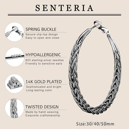 Senteria 925 Sterling Silver Post Twisted Hoop Earrings for Women 30-50MM | Hypoallergenic Large Silver Hoop Earrings for Women,Lightweight Thick Weave Braid Hoops,Nickel Lead-Free for Sensitive Ears - color: 30mm black hoops