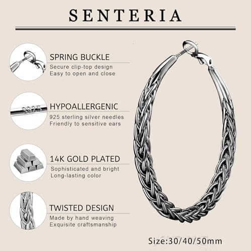 Senteria 925 Sterling Silver Post Twisted Hoop Earrings for Women 30-50MM | Hypoallergenic Large Silver Hoop Earrings for Women,Lightweight Thick Weave Braid Hoops,Nickel Lead-Free for Sensitive Ears - color: 50mm black hoops