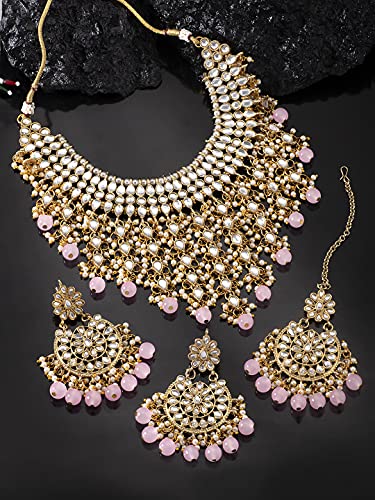 Aheli Elegant Indian Wedding Wear Faux Kundan Studded Choker Necklace with Maang Tikka Set Ethnic Fashion Jewelry for Women Maroon Kundan & Pearl Drop - color: Pink