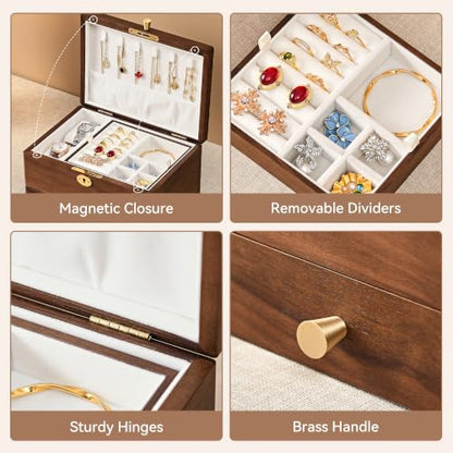 Black Walnut Jewelry Box for Women, Top Lock Wooden Organizer with Drawer | 3 Layer, Solid Wood, Removable Tray, Lock Key, Necklace Ring Earrings Watch Bracelet Case, Handcrafted, Gift for Mom Girls - color: 3 Layer Top Lock