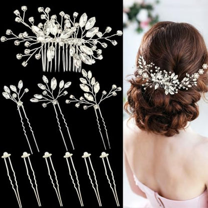 10 Pcs Silver Bridal Hair Accessories Set - Crystal Rhinestone Hair Combs U-Shaped Hair Pins for Brides Bridesmaids Elegant Wedding Hair Pieces for Women Perfect for Prom Party Bridal Shower
