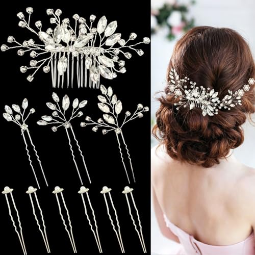 10 Pcs Silver Bridal Hair Accessories Set - Crystal Rhinestone Hair Combs U-Shaped Hair Pins for Brides Bridesmaids Elegant Wedding Hair Pieces for Women Perfect for Prom Party Bridal Shower