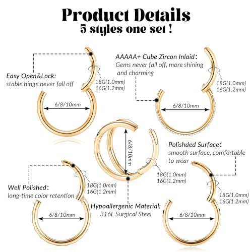 FUNLMO 3Pcs Nose Rings Double Hoop Nose Ring Conch Daith Tragus Helix Rook Piercing Jewelry Surgical Steel Cartilage Earring Conch Hoop Earring Septum Jewelry Lip Ring - color: Style 3: Gold,5pcs