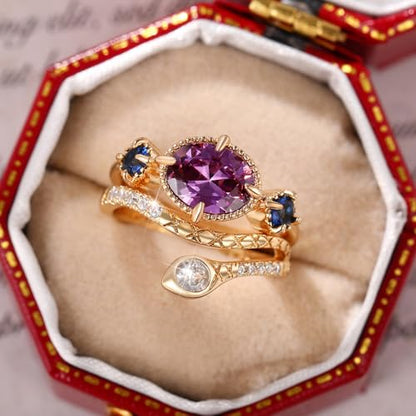 18k Gold Artistic Retro Copper Set with Amethyst Unique Sapphire Exotic Purple Zircon Snake Shaped Ring for Women's Exotic Party and Dinner Accessories Size 9 - size: US Code 9
