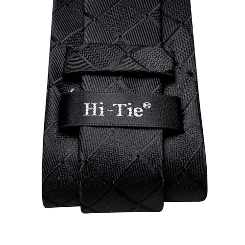 Hi-Tie Men 63inches Tie Set Extra Long Necktie Paisley Tie Pocket Suqare Cufflinks Big and Tall Men Tie - color: Black Plaid
