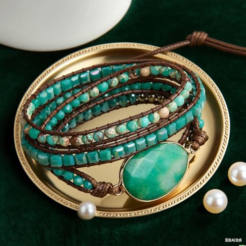 Women Wrap Bracelets Boho Natural Stone Jasper Turquoises Strand Bracelet Jewelry Collection - color: Green Agate