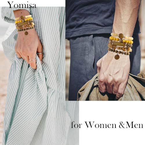 Yomisa 5PCS 6PCS Natural Boho Beaded Bracelets/Bangle for Women Men,Healing Turquoise Jasper Agate Crystal Gemstone Stone Chakra Multilayer Wrap Bohemian Handmade Jewelry Beads Stretch Bracelet Set - color: 5PCS-Yellow