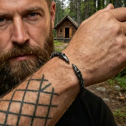 Raven Torc Bracelet for Men Norse Viking Raven Bangle Adjustable Stainless Steel Twisted Viking Jewelry - color: Black