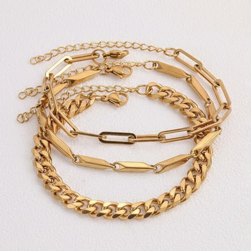 Gold Bracelets for Women 14K Gold Plated Sets Trendy Thin Dainty Stackable Cuban Link Paperclip Chain Bracelet Pack Accessories - color: C9245