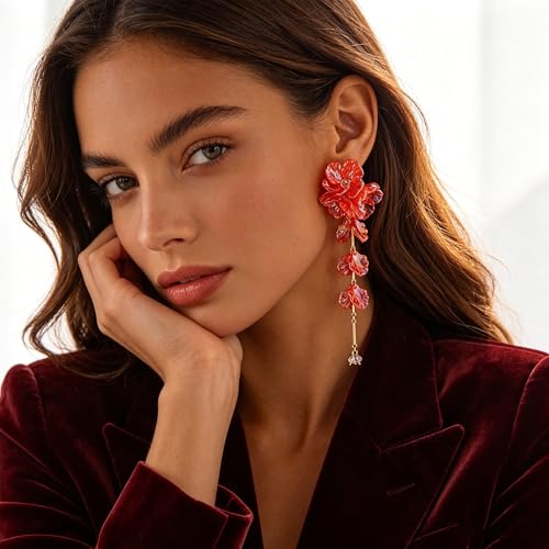 Fabric Flower Earrings for Women Colorful Long Tassel Floral Drop Earrings Fashion Boho Exaggerated Statement Beach Party Jewelry - color: acrylic red