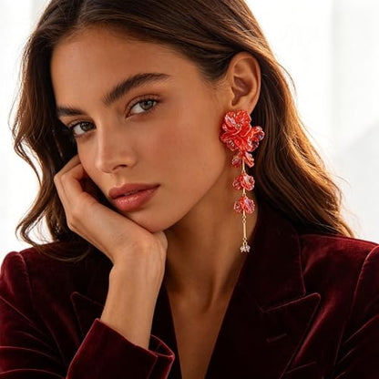 Fabric Flower Earrings for Women Colorful Long Tassel Floral Drop Earrings Fashion Boho Exaggerated Statement Beach Party Jewelry - color: acrylic red