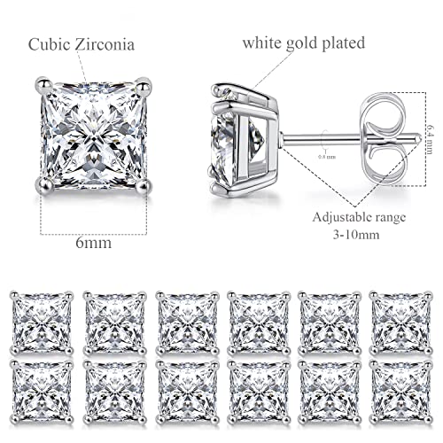 Stud Earring Set for Women Men 18K Yellow/White Gold Plated Princess Cut 4 Prong Graduated Square Clear Cubic Zirconia Pakc of 6 Pairs 3-7mm - color: White gold-6mm-6 pairs