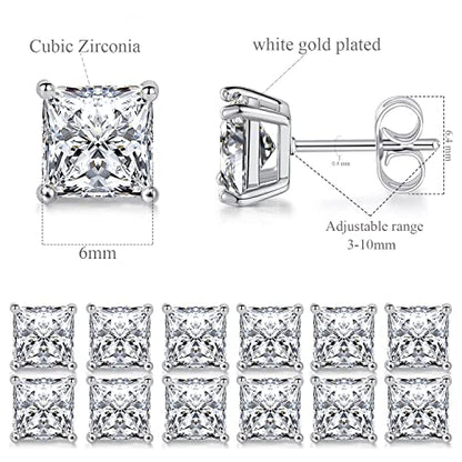 Stud Earring Set for Women Men 18K Yellow/White Gold Plated Princess Cut 4 Prong Graduated Square Clear Cubic Zirconia Pakc of 6 Pairs 3-7mm - color: White gold-6mm-6 pairs