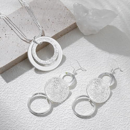3 Circles Silver Hoop Earrings Necklace Set for Women Geometric Jewelry Set | 925 Silver Hypoallergenic Small Hoop Circle Geometry Textured Finish Minimalist Style Comfortable Wear - style: 2 Hoop