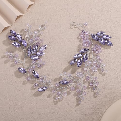 Teyglen Light Purple Crystal Bride Wedding Hair Vine Bridal Violet Rhinestone Wedding Headband Romantic Head Piece for Women Hair Accessories (Purple) - color: Purple