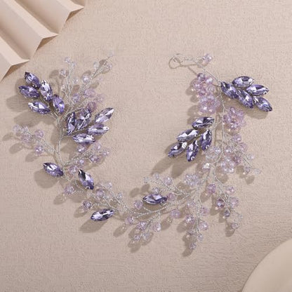 Teyglen Light Purple Crystal Bride Wedding Hair Vine Bridal Violet Rhinestone Wedding Headband Romantic Head Piece for Women Hair Accessories (Purple) - color: Purple