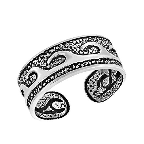 AeraVida .925 Sterling Silver Adjustable Toe Ring or Pinky Ring 5mm Wide Open Band, Stackable Minimalist Summer Foot Jewelry | Sun Moon Star Turtle Butterfly Leaf Olive Branch Ocean Wave Yin Yang Design - style: Ocean Wave