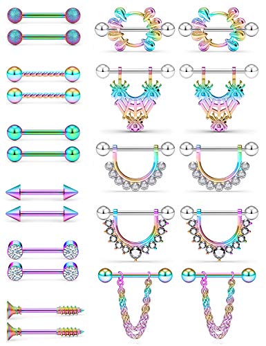 SCERRING 14G Nipple Rings Stainless Steel Nipplerings CZ Tongue Shield Barbell Rings Retainer Body Piercing Jewelry for Women 9/16Inch 11 Pairs