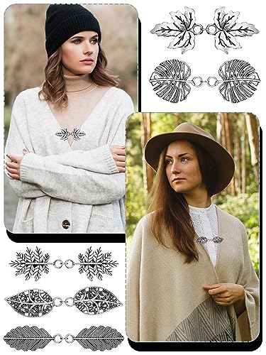 Syhood 5 Pieces Shawl Clips Cloak Clasp Cardigan Sweater Clips Vintage Collar Retro Cloak Brooches and Silver Shawl Pins - style: Leaves Style