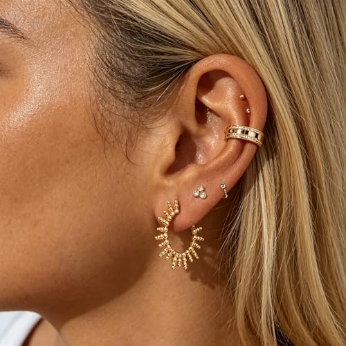 Dremmy Studios Dainty CZ Huggie Hoop Earrings 14K Gold Plated Chunky Simple Cute Thick Round Frill Bead Ball Starburst Cuff Earrings Cubic Zirconia Hoop Earrings Minimalist Personalized Gift for Her - color: Bead GD
