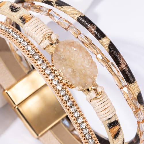 Boho Leather Wrap Bracelets Beaded Stackable Cuff Bracelet Country Concert Outfits Cowboy Cowgirl Western Jewelry Gifts for Women - color: Stone-Leopard