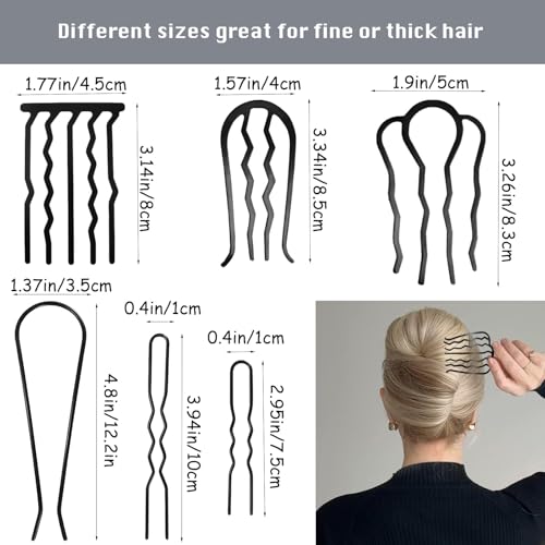 9 Pieces Hair Side Combs, Metal Hair Fork Clip French Twist Comb for Updo Bun, Teeth Hair Pins U-Shape Hair Sticks for Women Hair Styling Tool Accessories (Black)