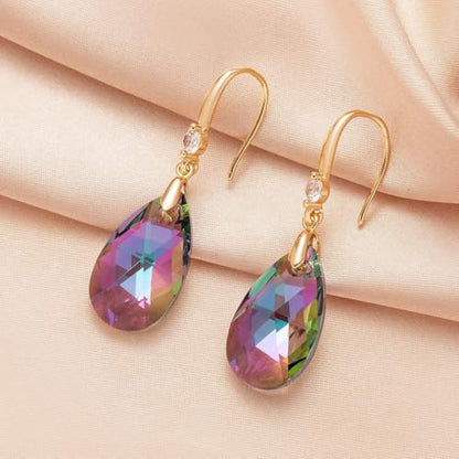 Austrian Crystal Teardrop Dangle Drop Earrings for Women 14K Gold Plated Hook Earring Hypoallergenic Jewelry Gifts for Women Girls - color: Rainbow