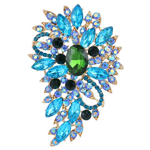 EVER FAITH Women's Austrian Crystal Wedding Flower Leaf Bouquet Brooch - color: Aquamarine-color w/ Green