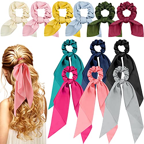 MTLEE 12 Pcs Hair Accessories for Women Hair Bows Scrunchies Scarf Ties Bunny Ears Silk Satin Scrunchies Ribbons Scarf Ties with Bows for Women Lady(Fresh Color) - color: Fresh Color