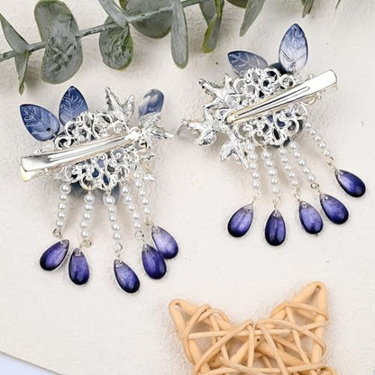 A Pair Wedding Hair Clips, Handmade Floral Design Crystal Hair Clips Pearl Barrettes, Rhinestones Flower Clips Pearl Headpieces Hair Pins Hair Accessories for Women Girls (Blue) - color: Blue
